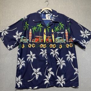 India Boutique Mens XL Hawaiian Aloha Shirt Navy‎ Blue Palm Tree Car Surfboard